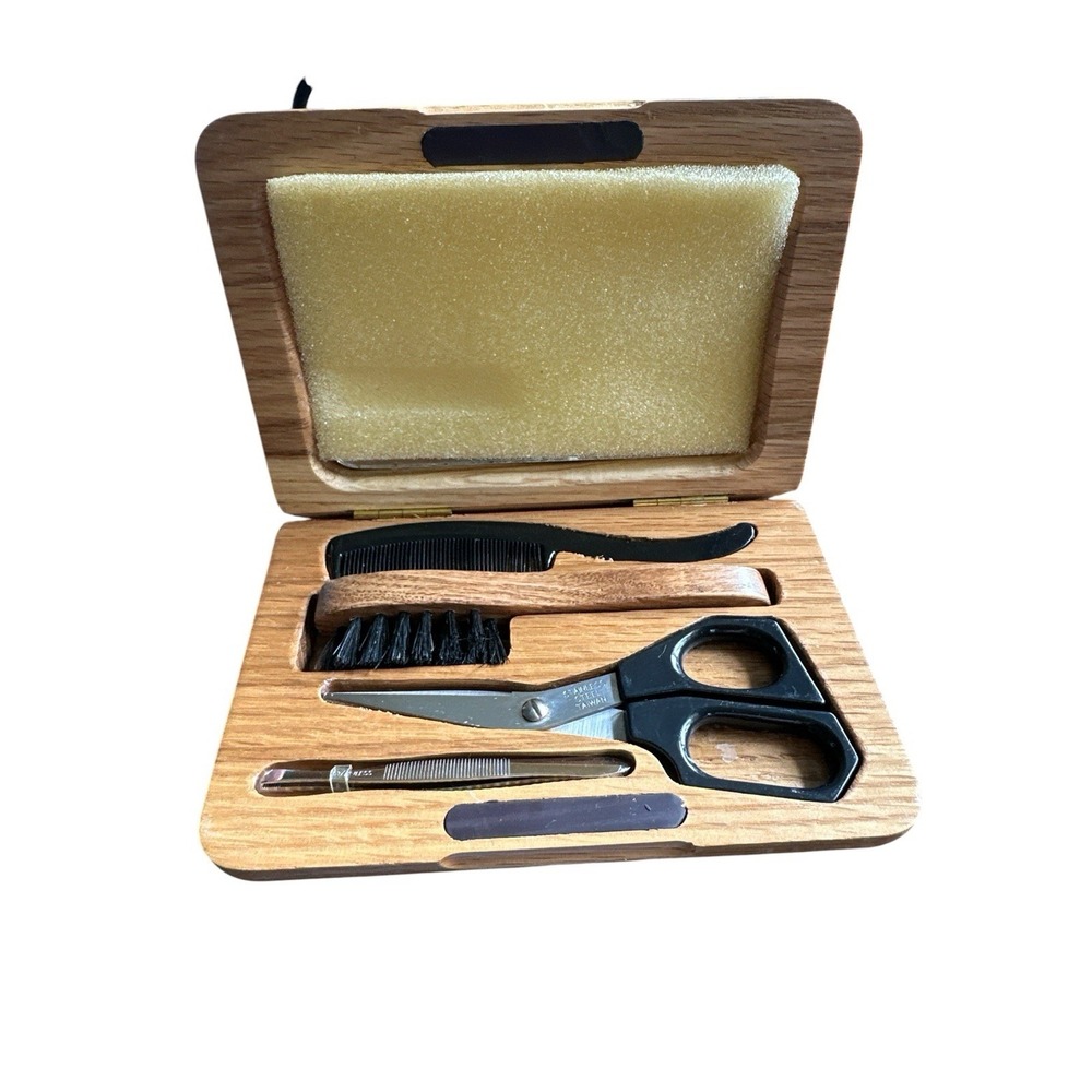 Men's Vintage Mustache Grooming Kit Stainless Steel Mirror Wooded Case - Picture 2 of 7